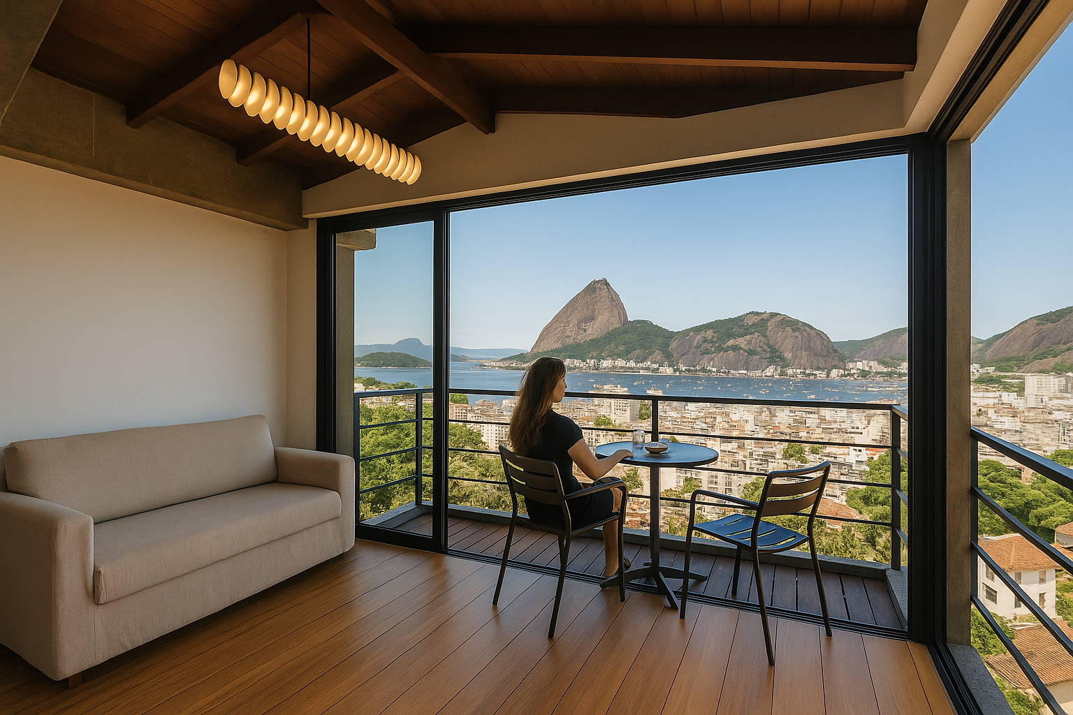 Vista panorâmica da Zona Sul do Rio de Janeiro com o Pão de Açúcar ao fundo